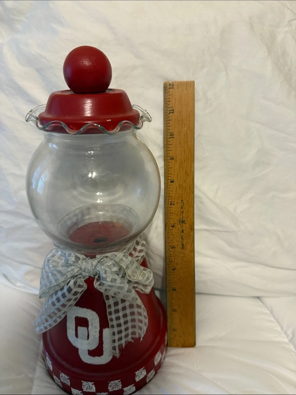 Red Decorative Glass Jar Vase with OU Accent and Checkered Base